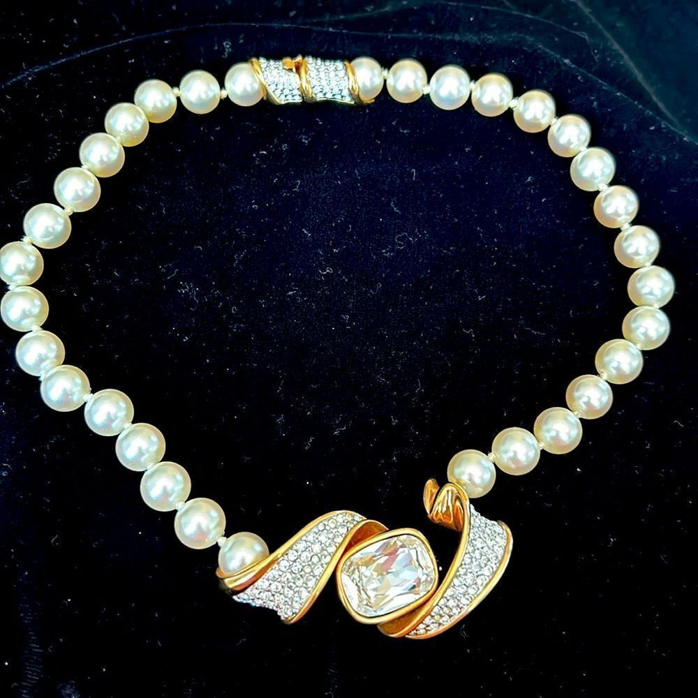 Stunning‎ classic Swarovski crystal gold pearl choker necklace 16 inch. - Picture 3 of 12